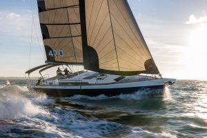 Electric Dufour 470 sailboat under brisk sail