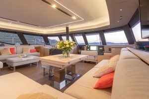 Luxury interior lounge area on the Fountaine Pajot Alegria 67 catamaran