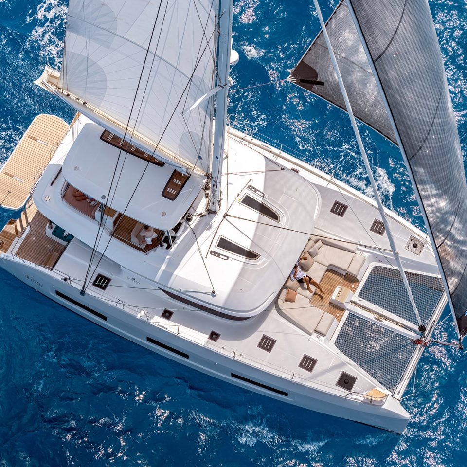 Aerial view of Lagoon catamaran for sale