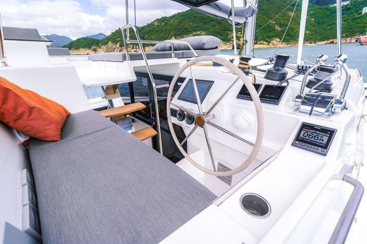 Tanna 47 sailing catamaran helm with cushioned seating