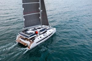 Top view of Fountaine Pajot Aura 51 catamaran sailing