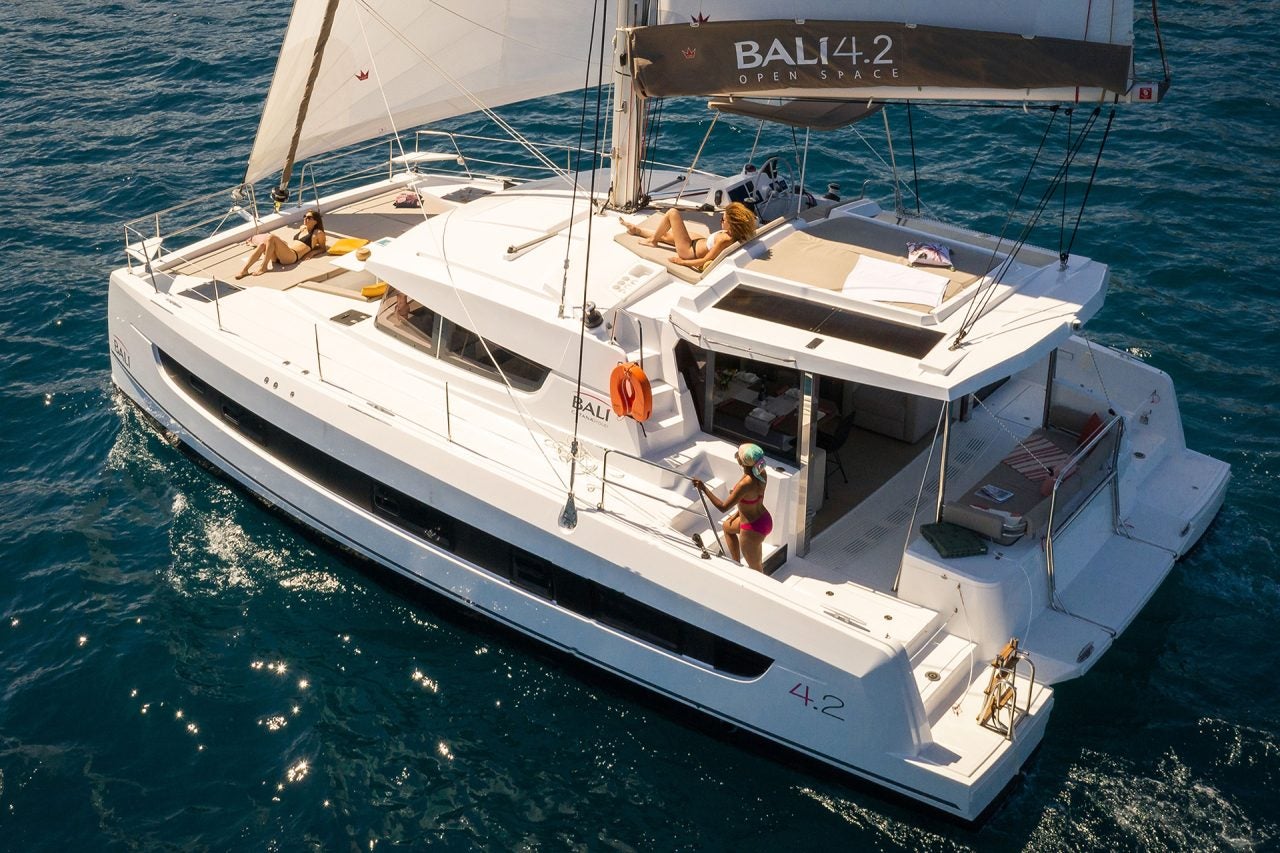 People enjoying a sail aboard a Bali 4.2 sailing catamaran