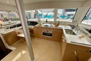 Interior view of the kitchen aboard the Bali Catspace boat