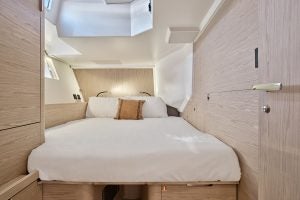 Interior cabin with light wood tones on Yacht 60 monohull sailboat