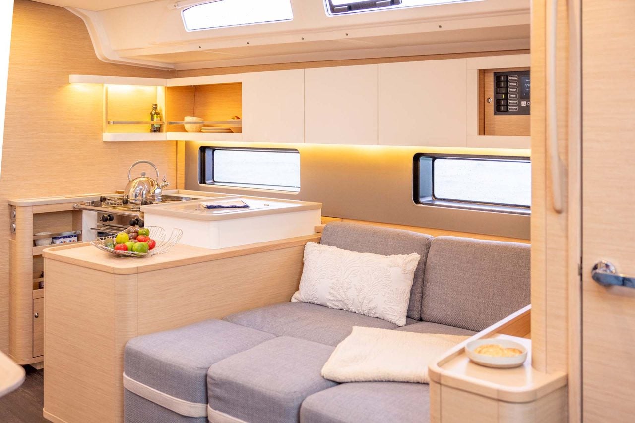 Saloon and galley on a Dufour 44 sailing boat