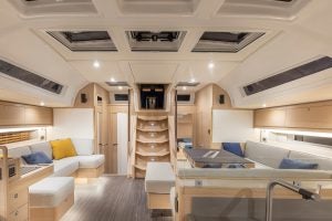 Dufour 61 sailboat saloon with large overhead skylights