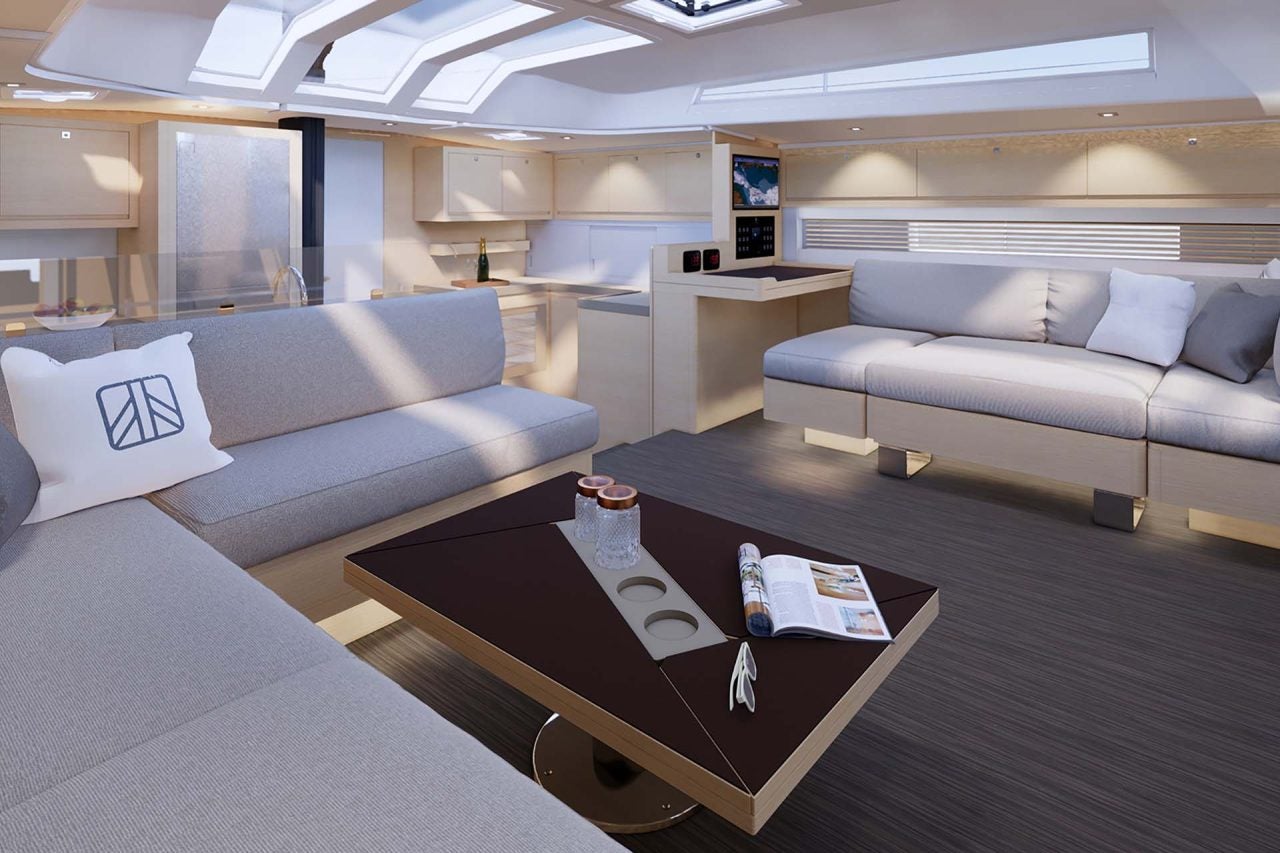 Luxury interior lounge area on the Dufour 61 sailing monohull