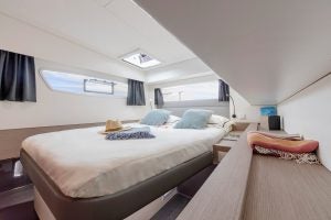 Interior cabin with natural lighting on the Fountaine Pajot Elba 45 electric catamaran