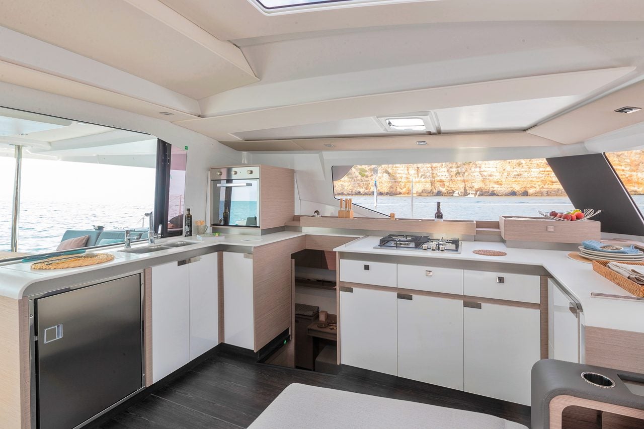 Electric Fountaine Pajot Elba 45 sailing catamaran kitchen