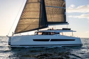 Fountaine Pajot Aura 51 catamaran cruising with sails up