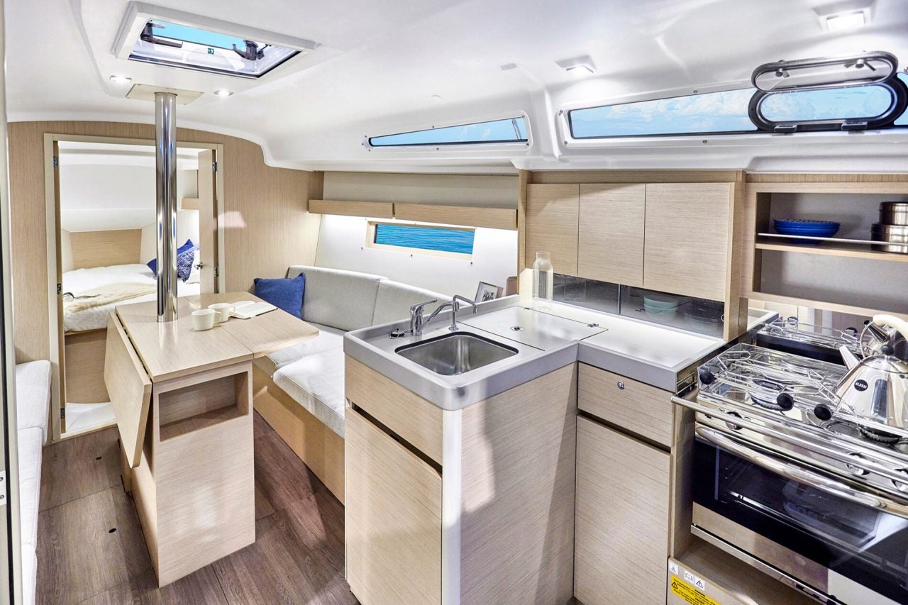 Saloon and galley on the Beneteau Oceanis 34.1 sailboat