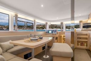 Interior living area with expanise windows on the Lagoon 42 catamaran