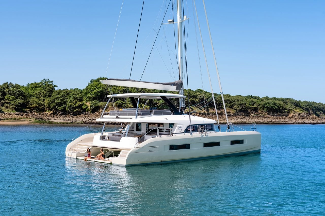 Lagoon 65 luxury sailing catamaran at anchor