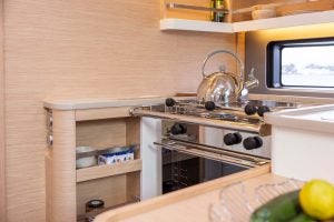 Galley with stove top on Dufour 44 sailing monohull