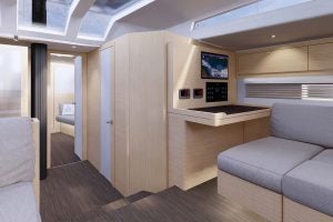 Lounge seating and nav station on Dufour 61 sailboat