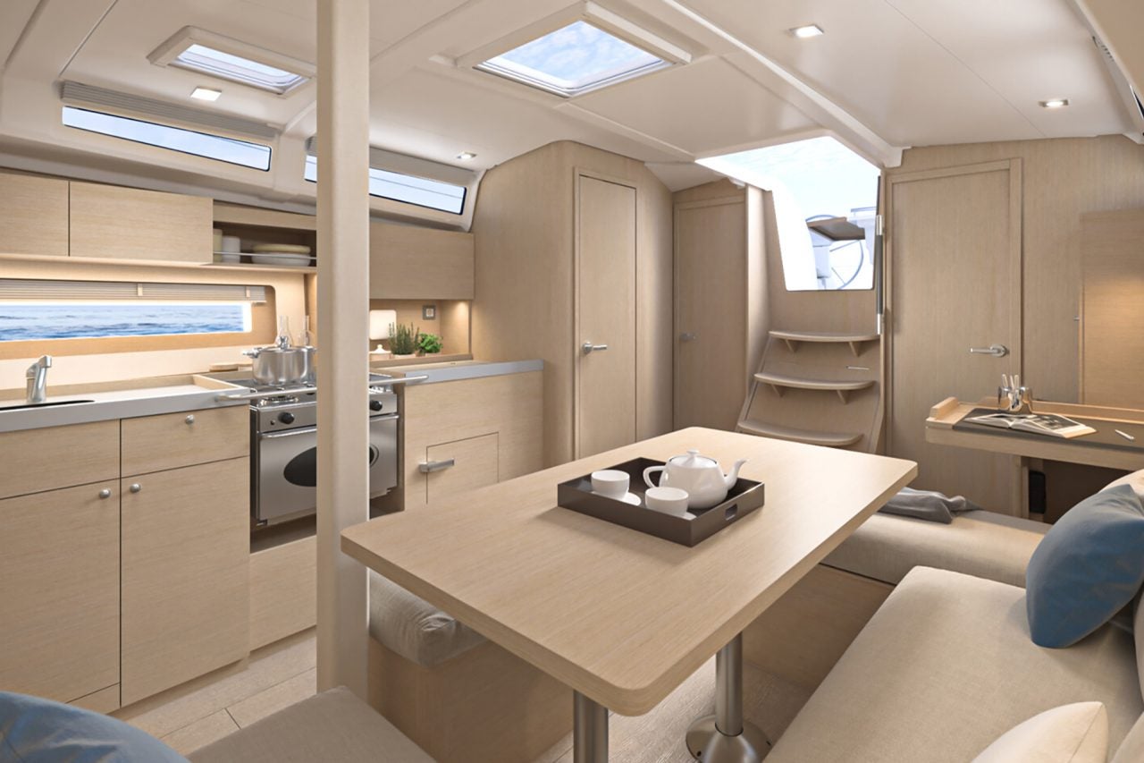 Salon with light wood finishes on Beneteau Oceanis 37.1 sailboat