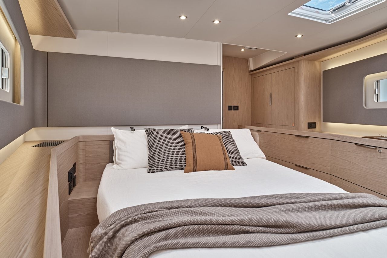 Interior cabin with light wood tones on Yacht 60 monohull sailboat