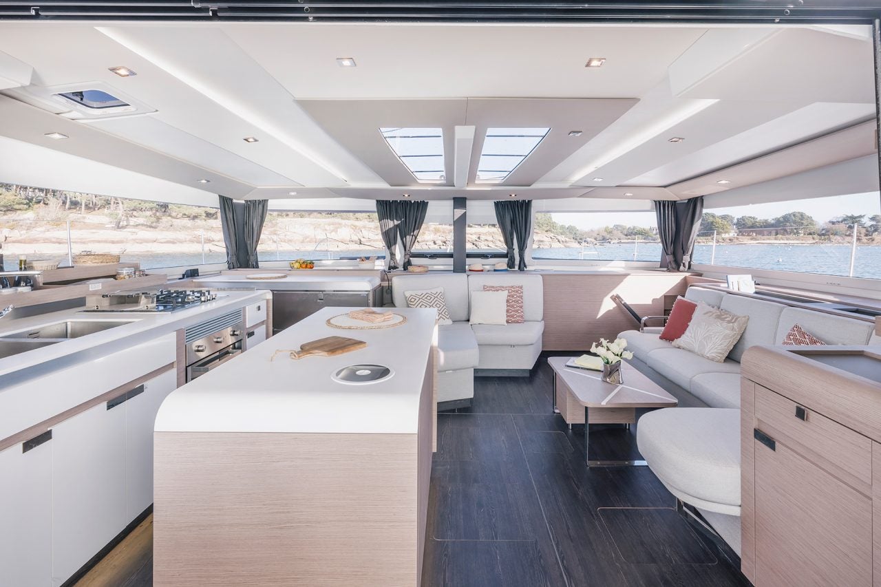 Wide view of Fountaine Pajot Aura 51 catamaran interior salon