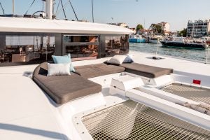 Foredeck lounge cushions and trampoline on the Lagoon 46 catamaran