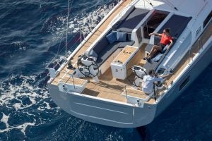 Overhead closeup view of Oceanis 46.1 monohull under sail